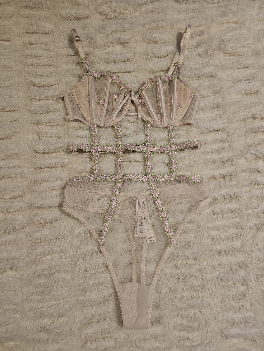 Victoria's Secret Pink Floral Embellished Mesh Bodysuit